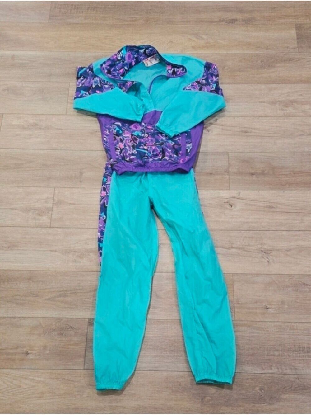 Vintage 80's Teal & Purple Women's Tracksuit/Windbreaker Jacket and Pants